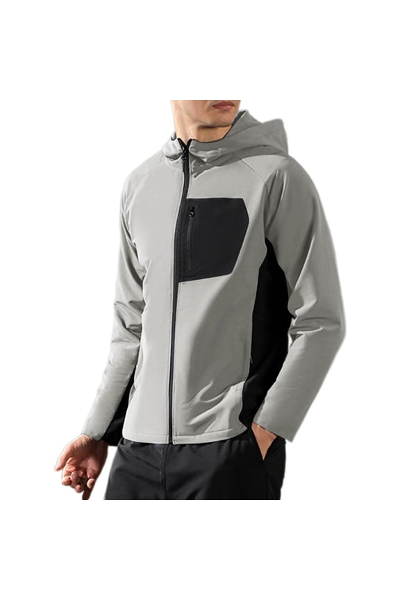 Men's Full Zip Hooded Waterproof Softshell Jacket, Long Sleeve Outdoor Sports Coat Windbreaker with Zipper Pockets Gray M