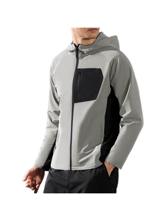 Men's Full Zip Hooded Waterproof Softshell Jacket, Long Sleeve Outdoor Sports Coat Windbreaker with Zipper Pockets Gray M