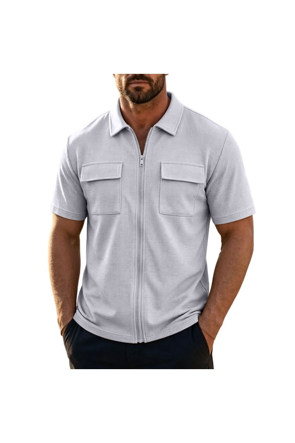Men's Full-Zip Utility Shirt, Short Sleeve with Dual Chest Pockets, Modern Casual Style for Men Gray XXL