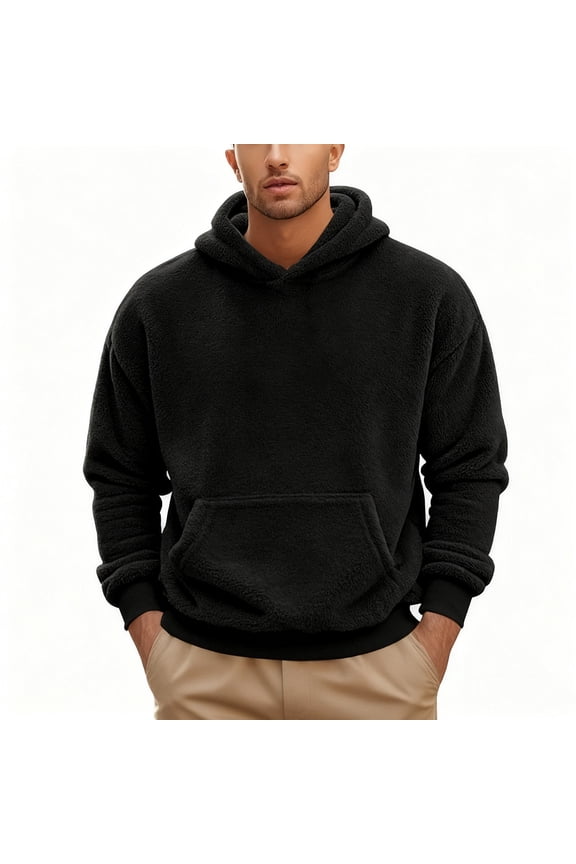 Men's Fuzzy Fleece Hoodies Plush Soft Sweatshirt Loose Long Sleeve Winter Pullovers Workout Casual Tee Tops Black S