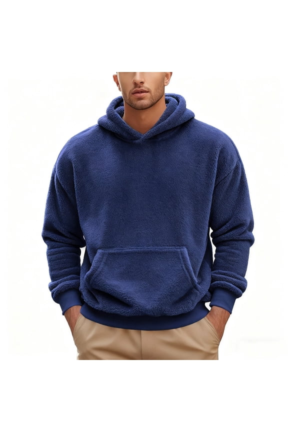 Men's Fuzzy Fleece Hoodies Plush Soft Sweatshirt Loose Long Sleeve Winter Pullovers Workout Casual Tee Tops Navy S