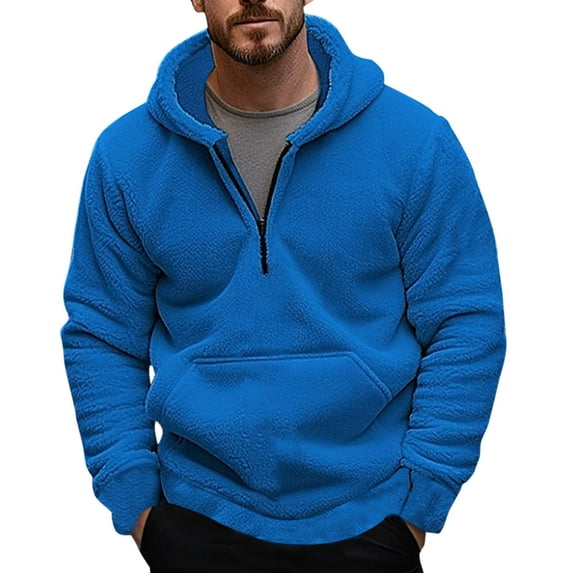 YLSDY Men's Fuzzy Sherpa Hoodies Quarter Zip Pullover Sweatshirts Long Sleeve Sport Winter Warm Hooded Outwear with Pocket Blue L