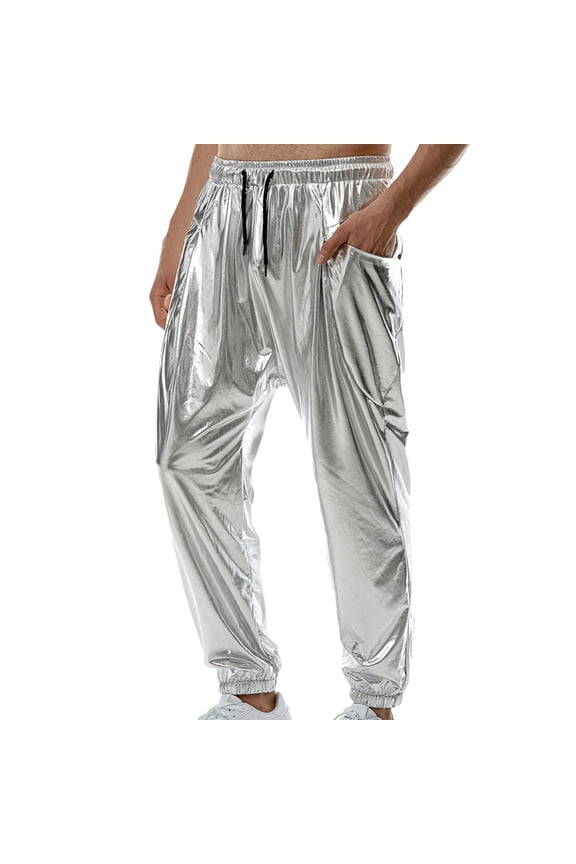 Men's Gold Metallic Shiny Pants Casual Hip Hop Harem Pants Night Club Dance Trousers with Pockets Silver M