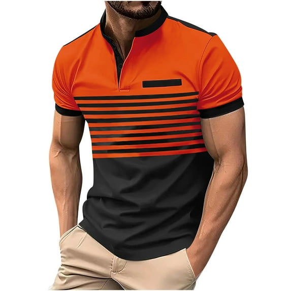 YLSDY Men's Golf Tennis Shirts Trendy Color Block Stripe Tees Raglan Short Sleeve Blouse Lapel Collar Button Up Tops Big & Tall Slim Fit Skinny Fitness T-shirts Leisure Orange XXXL