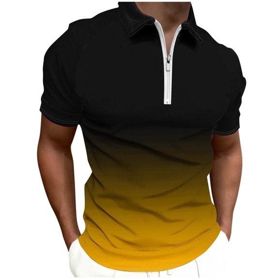 YLSDY Men's Gradient Half-Zip Collared Shirt, Short Sleeve Raglan Top, Athletic & Casual for Gym & Everyday Yellow M