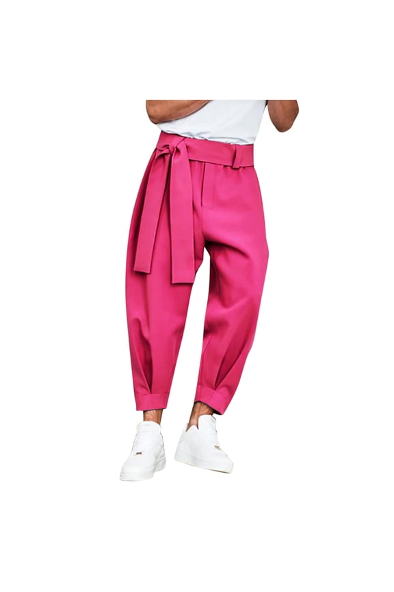 Men's Harem Pants Drawstring Baggy Trousers Solid Color Loose Fit Straight Long Pants with Belt Pink L