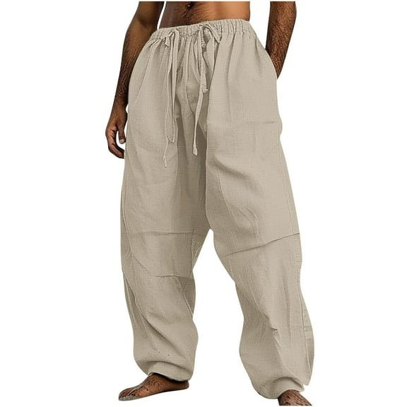 YLSDY Men's Harem Pants Linen Cotton Baggy Trousers Drawstring Elastic Waist Pockets Joggers Baggy Hip Hop Pants Khaki L