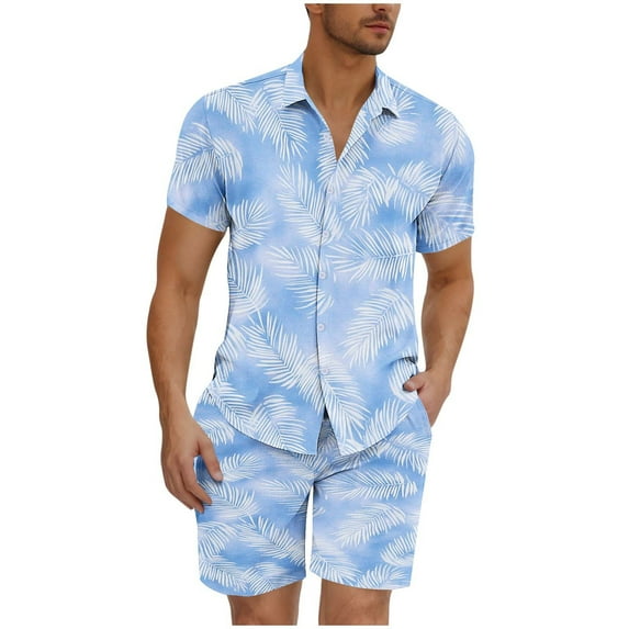 YLSDY Men's Hawaiian 2 Piece Outfits Summer Beach Palm Tree Matching Sets Short Sleeve Floral Button Down Shirts and Shorts Light Blue XXL