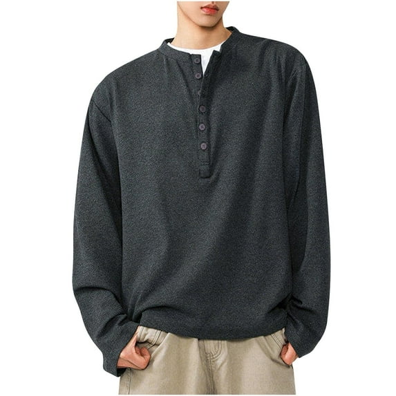 YLSDY Men's Henley Shirt Fall Long Sleeve T-Shirt Button Crew Neck Loose Solid Color Tshirt Summer Base Layer Shirts Dark Gray M