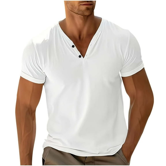 YLSDY Men's Henley Shirts Classic Casual Buttons V Neck Basic Tee Shirts Loose Fit Simple Short Sleeve Summer Button T Shirts White XXL