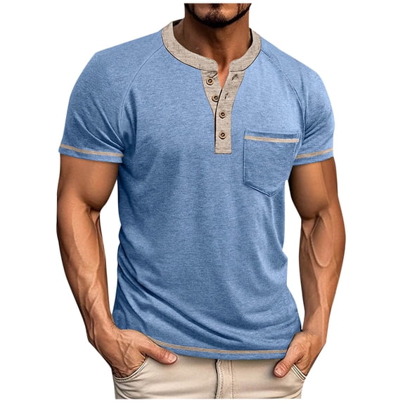 YLSDY Men’s Henley Shirts Raglan Short Sleeve Casual Button Basic Tee Shirts Summer Lightweight T Shirts with Pocket Blue XXL
