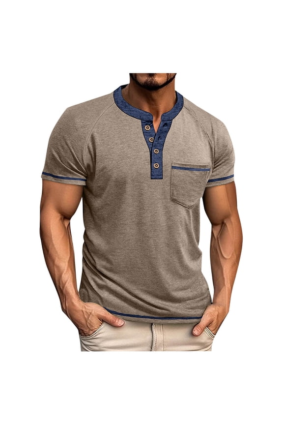Men’s Henley Shirts Raglan Short Sleeve Casual Button Basic Tee Shirts Summer Lightweight T Shirts with Pocket Khaki XL
