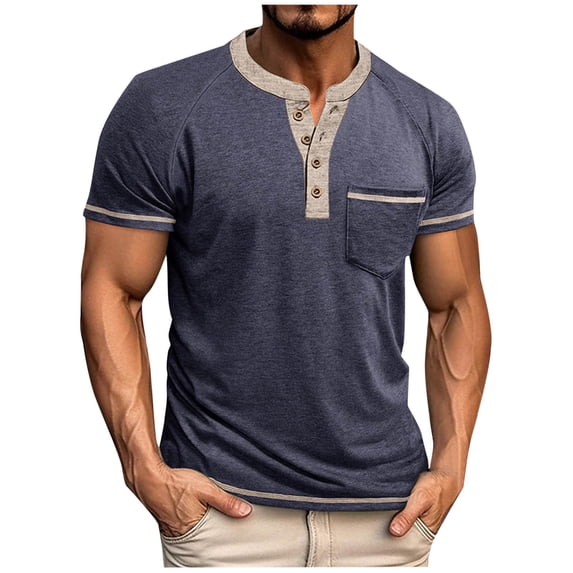 YLSDY Men’s Henley Shirts Raglan Short Sleeve Casual Button Basic Tee Shirts Summer Lightweight T Shirts with Pocket Navy XXXL