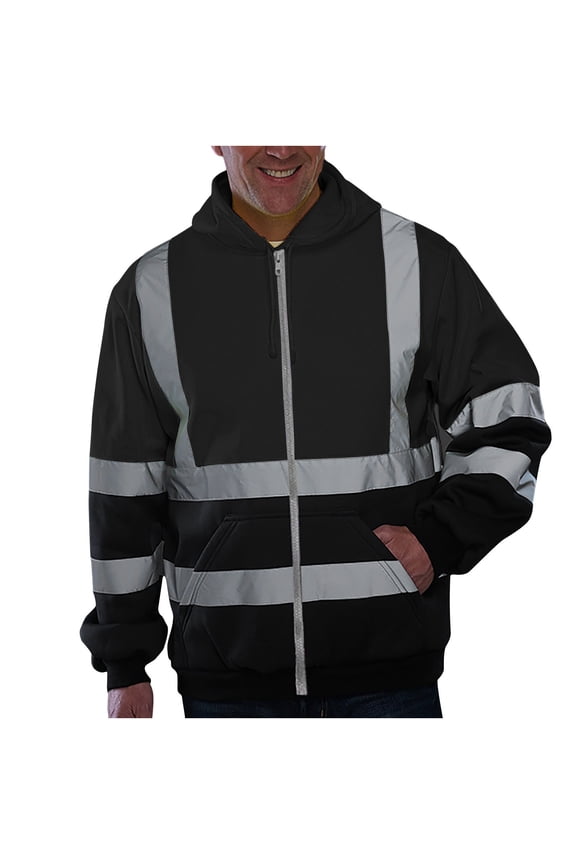 Men's High Visibility Reflective Safety Sweatshirt Workwear Full Zip Hooded Jumper Coat with Pockets Black XXXXL