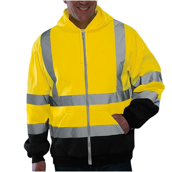 YLSDY Men's High Visibility Reflective Safety Sweatshirt Workwear Full Zip Hooded Jumper Coat with Pockets Yellow XXL
