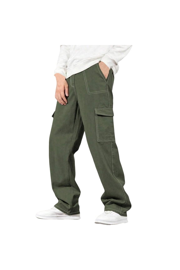 Men's High Waist Baggy Jeans Wide Leg Denim Cargo Pants Contrast Stitching Skater Jeans Trousers Y2k Gothic Punk Streetwear Pants Army Green S
