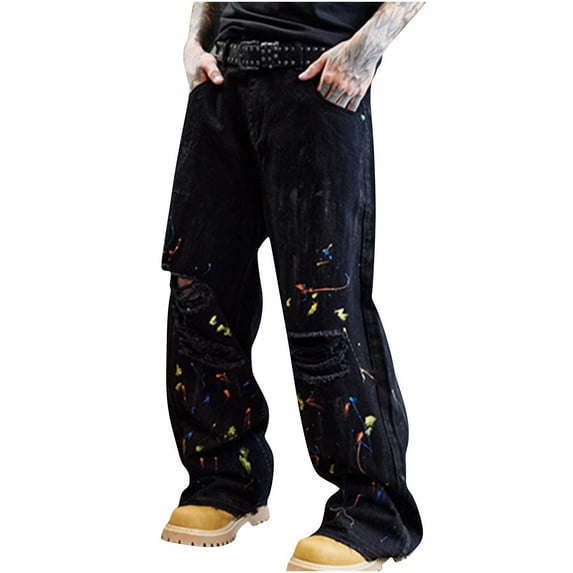 YLSDY Men's Hip Hop Baggy Jeans Casual Wide Leg Y2k Skateboard Outdoor Ripped Jeans Vintage Loose Distressed Denim Pants Black L