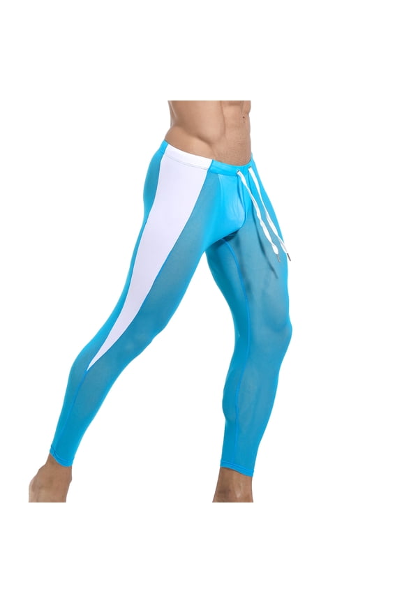 Men's Hollow out Transparent Pants See through Leggings Tights Pants Skinny Long Trousers Gay Clubwear Fishnet Mesh Pants Sky Blue S