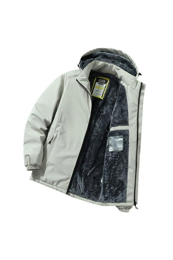 Men's Hooded Casual Outwear Windproof Warm Outdoor Jacket Detachable Hat Fleece Jacket for Climbing Hiking Sports and Daily Wear Beige L