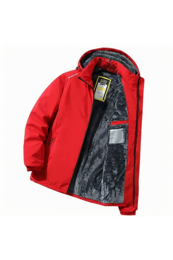 Men's Hooded Casual Outwear Windproof Warm Outdoor Jacket Detachable Hat Fleece Jacket for Climbing Hiking Sports and Daily Wear Red XXXXXL