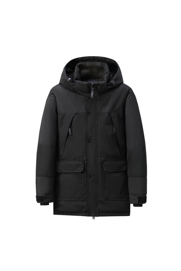 Men's Hooded Jacket Warm Zipper Button Large-Pocket Stand-Up Collar Outdoor Casual Long Sleeve Parkas Ideal for Hiking Camping Black XXL