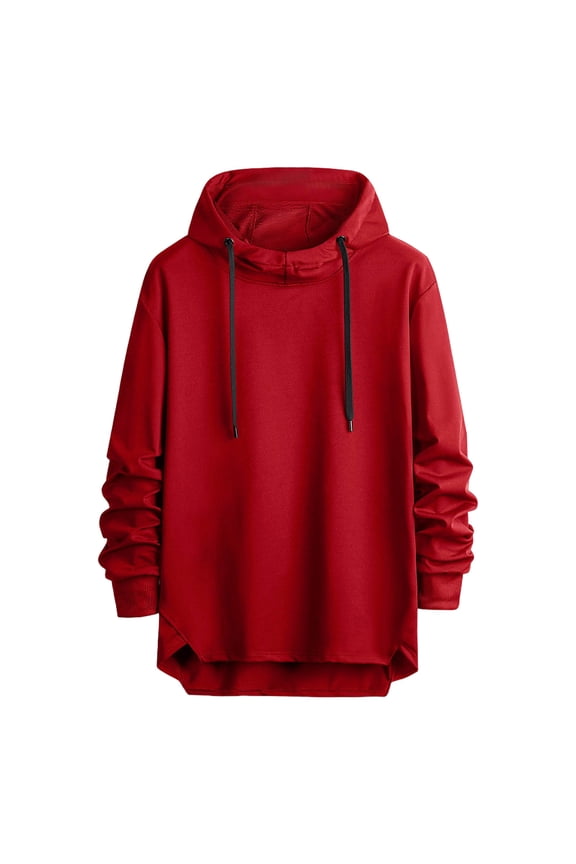 Men's Hooded Sweatshirt Drawstring Solid Color Asymmetrical Hem Drawstring Hoodie Fall Fashion Pullover Tops Red L