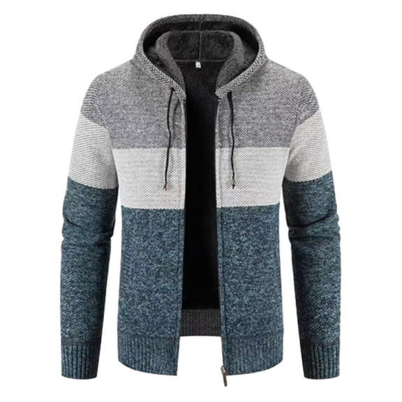 YLSDY Men's Hooded Zipper Cardigan Sweater Long Sleeve Knitwear Striped Color Block Warm Pullover Jacket Blue XXXXL