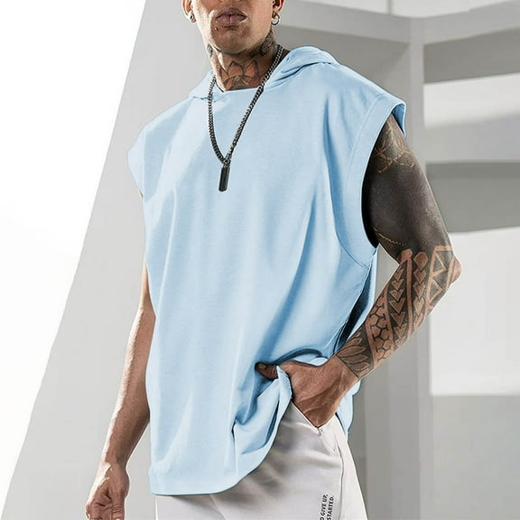 YLSDY Men's Hoodie Tank Tops Workout Sleeveless Gym Hoodies Muscle Bodybuilding Cut Off T Shirts Training Fitness Shirts Sky Blue XXL
