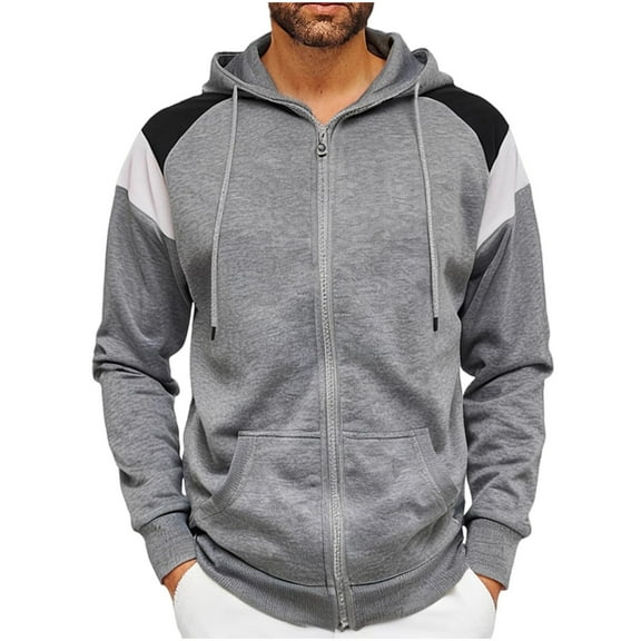 YLSDY Men's Hoodies Zip Front Sweatshirt Fashion Color Blocking Hooded Coats Long Sleeve Lightweight Outerwear with Pockets Gray S