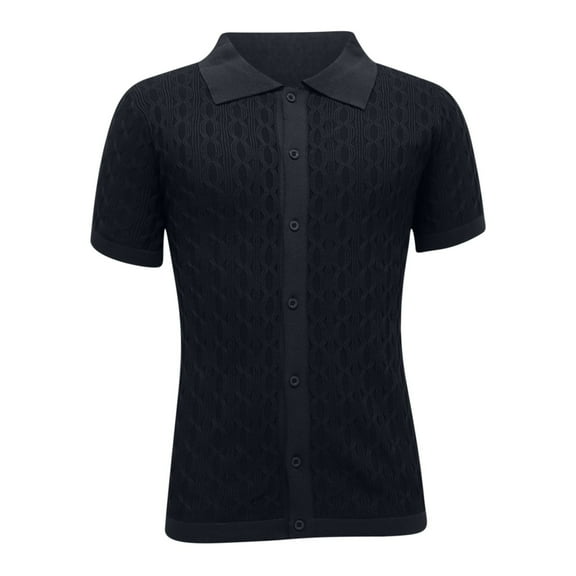 YLSDY Men's Knit Short Sleeve Shirts Button Down Vintage Knitted Button Collared Shirt Casual Beach Crochet Cable Vacation Shirt Black M