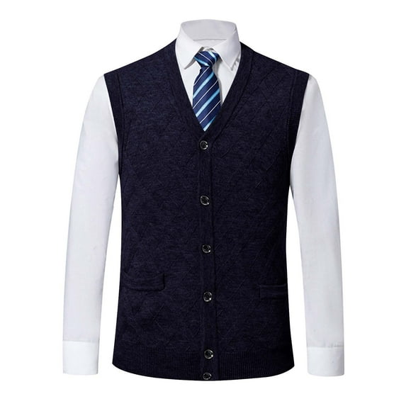 YLSDY Men's Knit V-Neck Sweater Vest Button Down Sleeveless Pullover Vest Navy XXXL