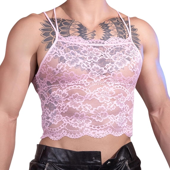 YLSDY Men's Lace Floral Camisole Top, Trendy Sheer Cross-Back Sleeveless Vest for Festival and Club Wear Pink Free Size
