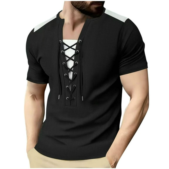 YLSDY Men's Lace Up Shirts Round Neck 2025 Summer Basic Blouse Casual Loose Patchwork Color Block Short Sleeve Shirt Tops Black XL