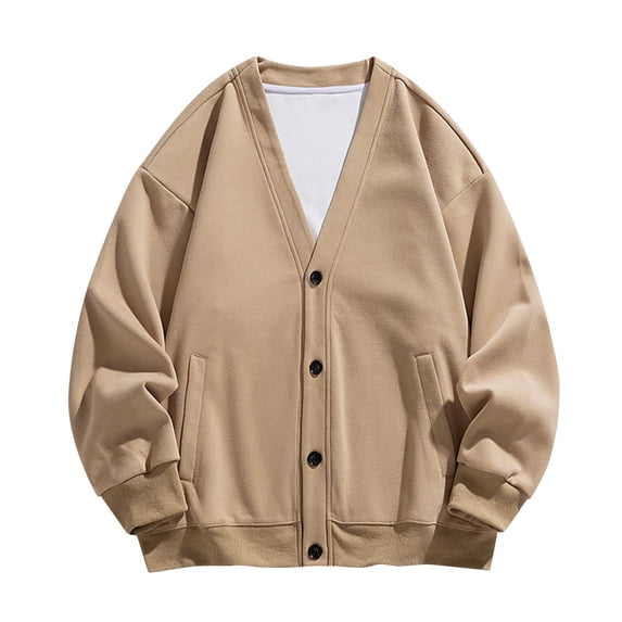 YLSDY Men's Lapel Neck Long Sleeve Button Down Solid Loose Fit Knitted Cardigan Sweater with Pockets Khaki S