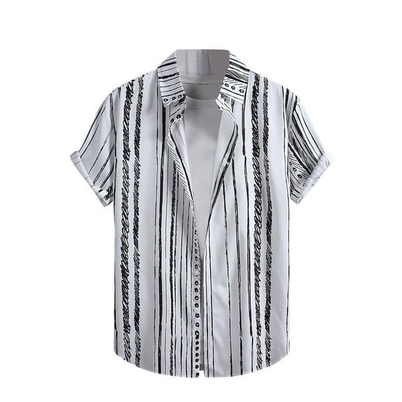 YLSDY Men's Lapel Striped T-Shirt Summer Beach Shirt Short-Sleeved Tops Vacation Casual Top Turn-Down Collar Shirts White S