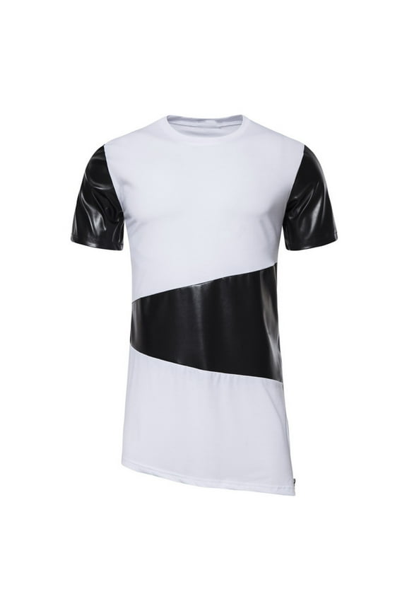 Men's Leather Patchwork T-shirts Short Sleeve Crew Neck Shirts Irregular Zipprt Hem Tops Summer Casual Fashion Hip Hop Longline Blouses White XXL