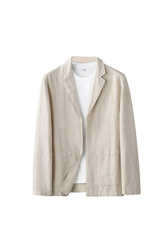 Men's Lightweight Cotton Linen Blazer with Front Pockets Casual Sport Coat Open Front Regular Fit Suit Jacket Beige L