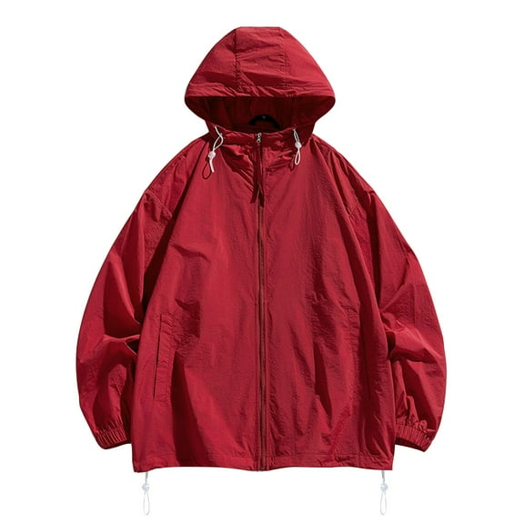 YLSDY Men's Lightweight Hooded Jackets Drawstring Windbreaker Solid Color Long Sleeve Zip Up Coats with Pockets Streetwear Red S