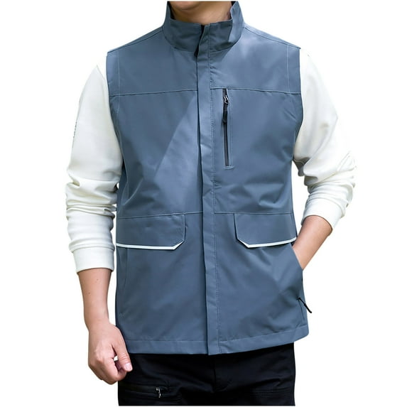 YLSDY Men's Lightweight Outdoor Travel Vest Quick Dry Stand Collar Multi Pockets Breathable Mesh Summer Sleeveless Jackets Sports Waistcoat Light Blue XL