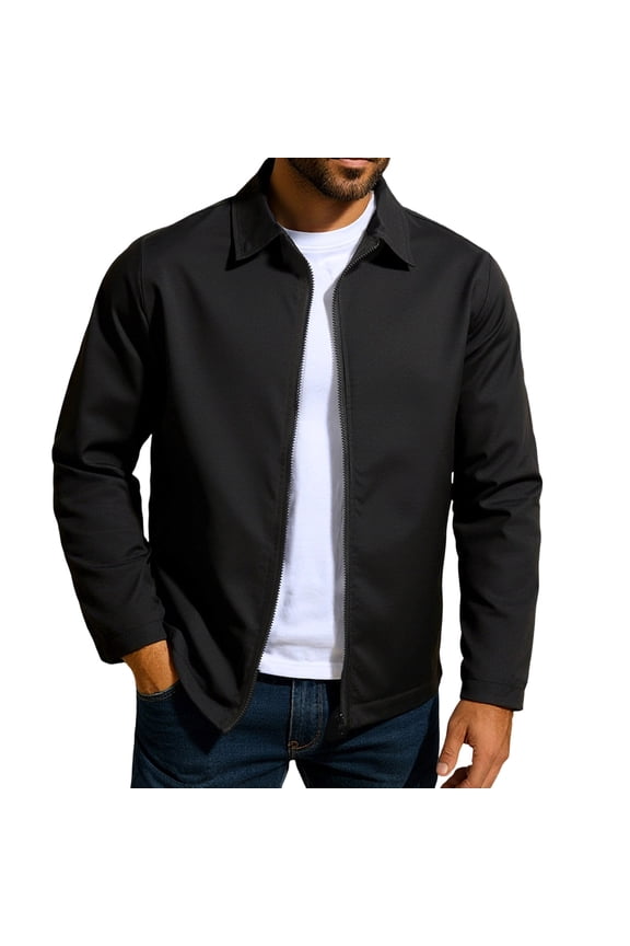 Men's Lightweight Varsity Jackets Stylish Casual Soft Shell Full Zip Windbreakers Laydown Collar Golf Coat with Pocket Black M