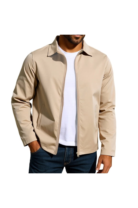 Men's Lightweight Varsity Jackets Stylish Casual Soft Shell Full Zip Windbreakers Laydown Collar Golf Coat with Pocket Khaki S