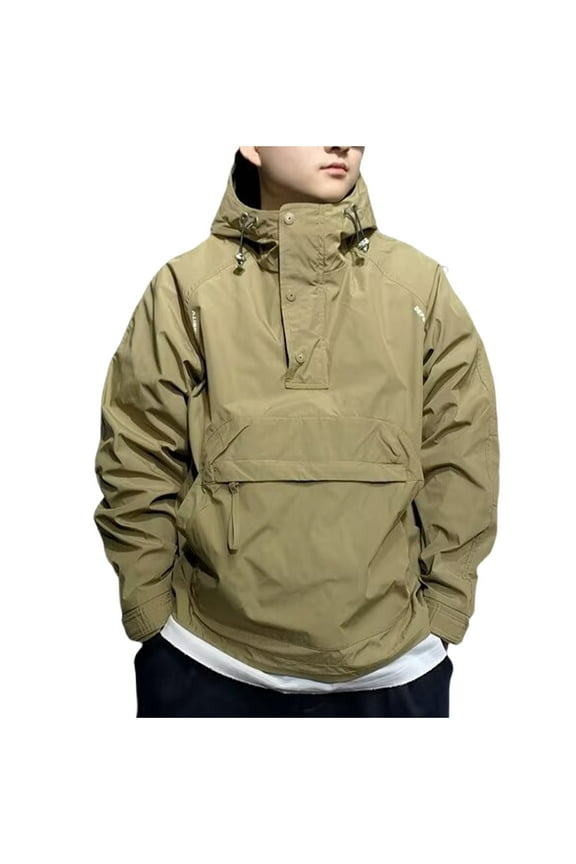 Men's Lightweight Windbreaker Jacket Water Resistant Hooded Outdoor Pullover Anorak with Pockets Khaki M
