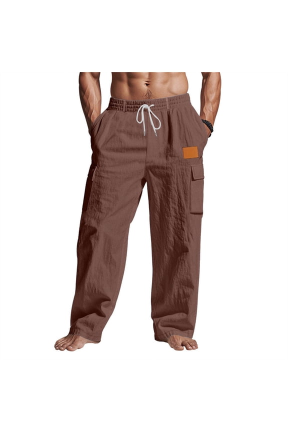 Men's Linen-Blend Cargo Pants, Elastic Drawstring Waist, Multi Pockets, Loose Fit Casual Trousers Coffee L
