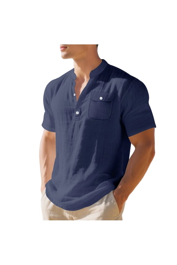 Men's Linen Blend Henley Shirt with Chest Pocket Notch Neck Casual Beach Top Navy M