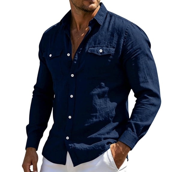 YLSDY Men's Linen-Blend Long Sleeve Shirt, Button-Down Collared Top with Chest Pocket, Casual Summer Style Navy M