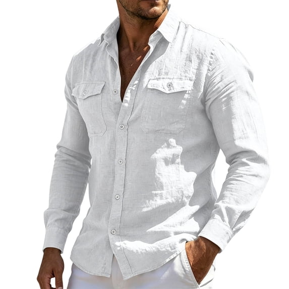 YLSDY Men's Linen-Blend Long Sleeve Shirt, Button-Down Collared Top with Chest Pocket, Casual Summer Style White M