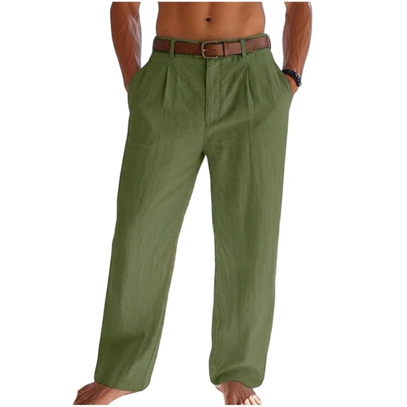 YLSDY Men's Linen Blend Pleated Pants, Button Waist with Belt Loops, Straight Leg Trousers for Work & Beach Trips Army Green M