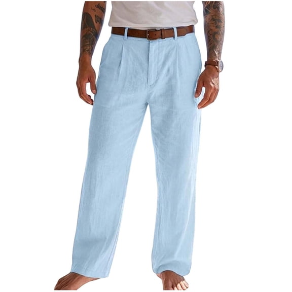 YLSDY Men's Linen Blend Pleated Pants, Button Waist with Belt Loops, Straight Leg Trousers for Work & Beach Trips Light Blue S