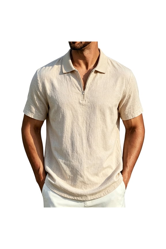 Men's Linen-Blend Quarter-Zip Golf Shirt, Textured Fabric with Open Collar, Short Sleeve Casual Top Khaki S
