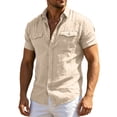 thumbnail image 1 of YLSDY Men's Linen-Blend Short Sleeve Shirt, Button-Down Collared Top, Lightweight Casual Style for Summer Beige M, 1 of 9